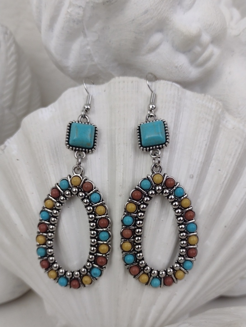 Turquoise Yellow & Light Brown Beaded Oval Silver Tone Dangle Drop Earrings